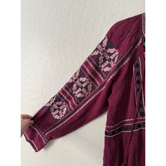 Free People Santiago All My Life Embroidered Burgundy Peasant Tunic Dress Size S - Picture 6 of 8